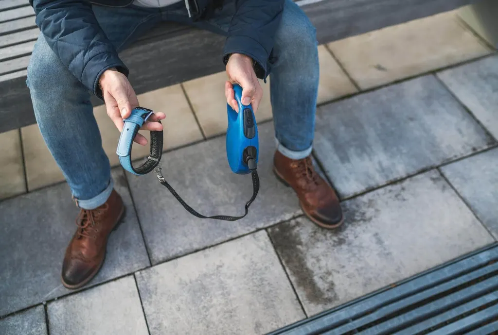 A man holding a blue collar & leash representing pet loss | grief counselor san francisco | loss and grief treatment san francisco | therapist for grief san francisco | 94539 | 94110 | 94112