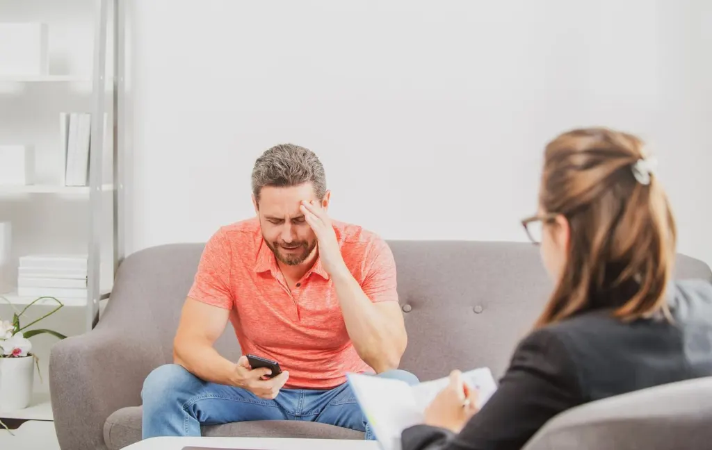 A man talking to a therapist while looking at his phone | men's therapist san francisco, ca | men's therapy san francisco, ca | men's issues therapy san francisco, ca | 94608 | 94609 | 94061